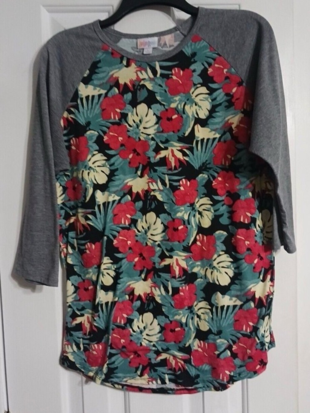LuLaRoe Long Sleeve Floral Raglan Tee - Red, Teal & Gray